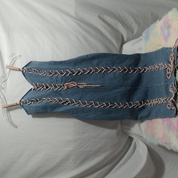 AKIRA Dresses & Skirts - SALE! Akira Lace Up Back Zip Denim Stretch Dress Adjustable Straps 2 Callouts